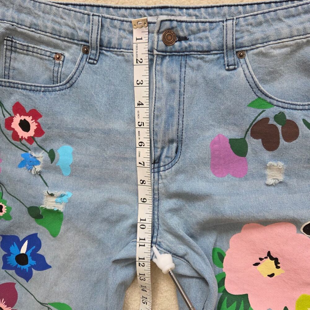 Misslook XL Distressed Denim Floral Painted Artsy Hippie Boho Straight Leg Jeans - Picture 6 of 11